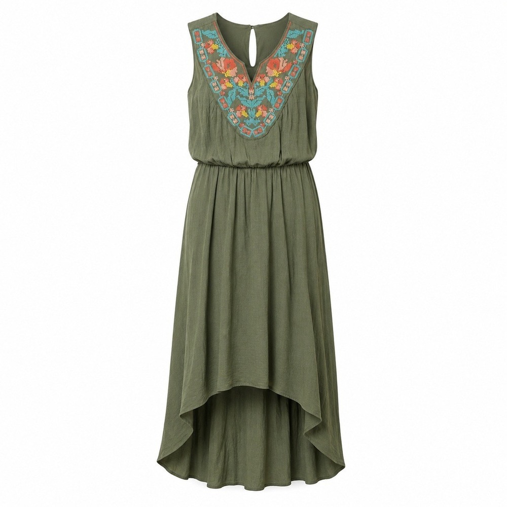 New AUW Maxi Dress Women Sz 6 Olive Green Embroidered High Low Sleeveless Boho